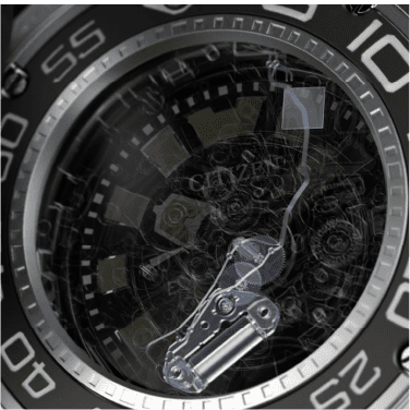 Close-up of a Citizen watch mechanism, showcasing intricate details and gears.