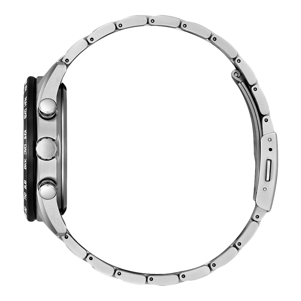 Silver watch with a black dial and a metal strap, side view.