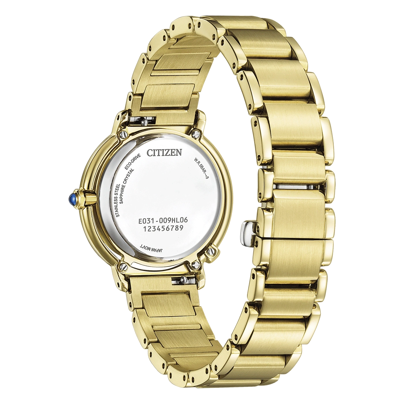 Gold Citizen watch with a stainless steel back and sapphire crystal.