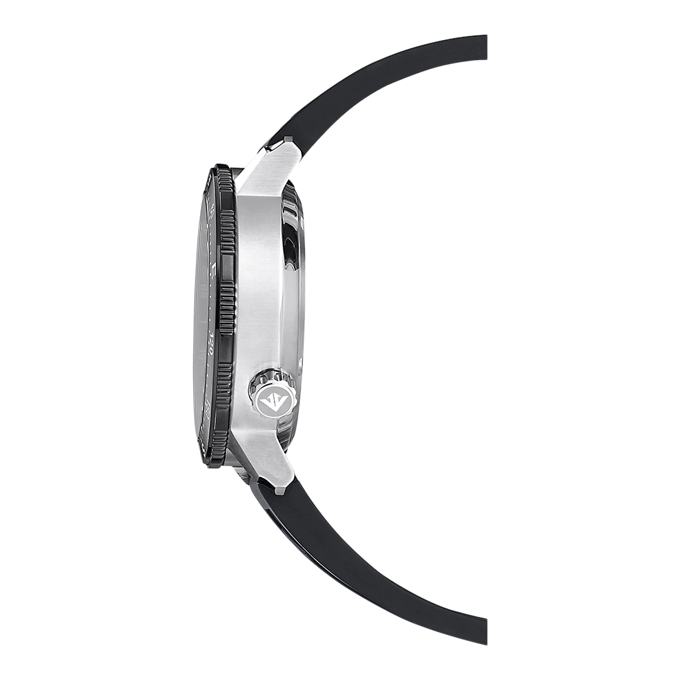 Side view of a silver watch with a black band and a black bezel.