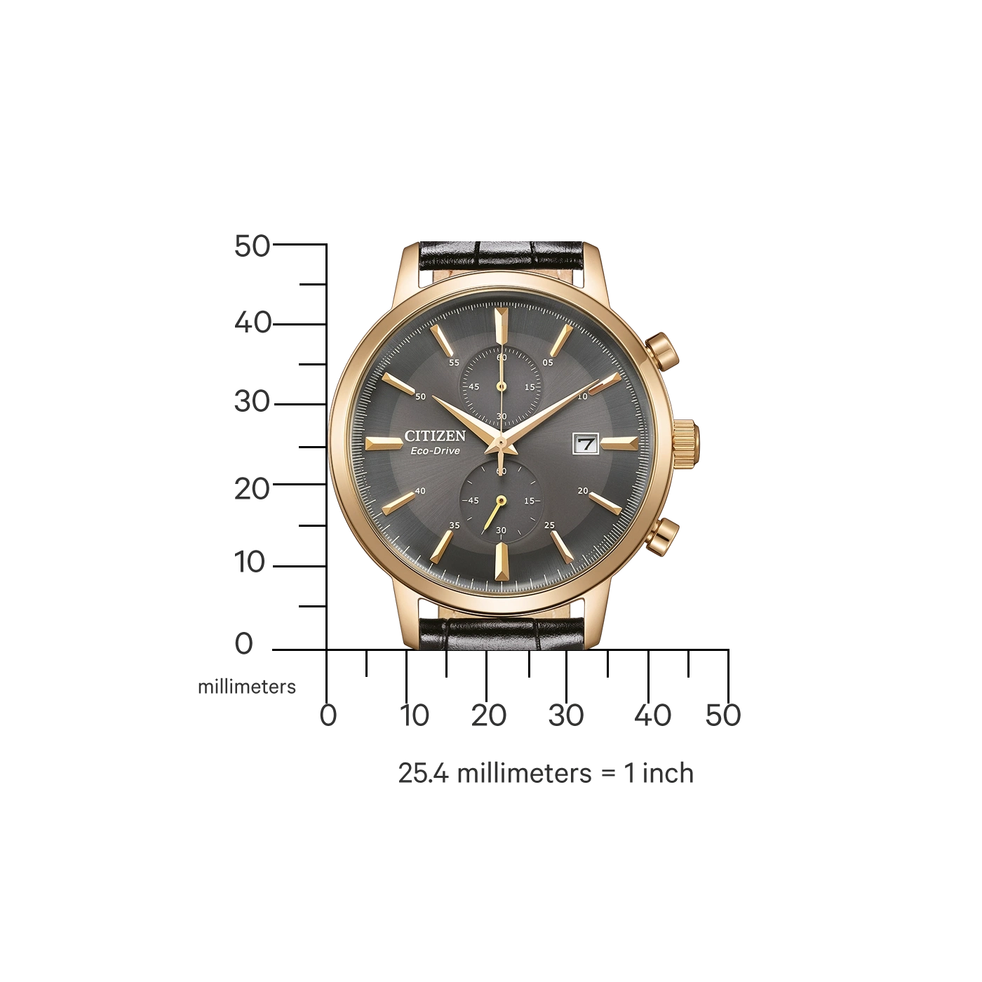 Citizen Eco-Drive watch with gold case and black leather strap, gray dial.
