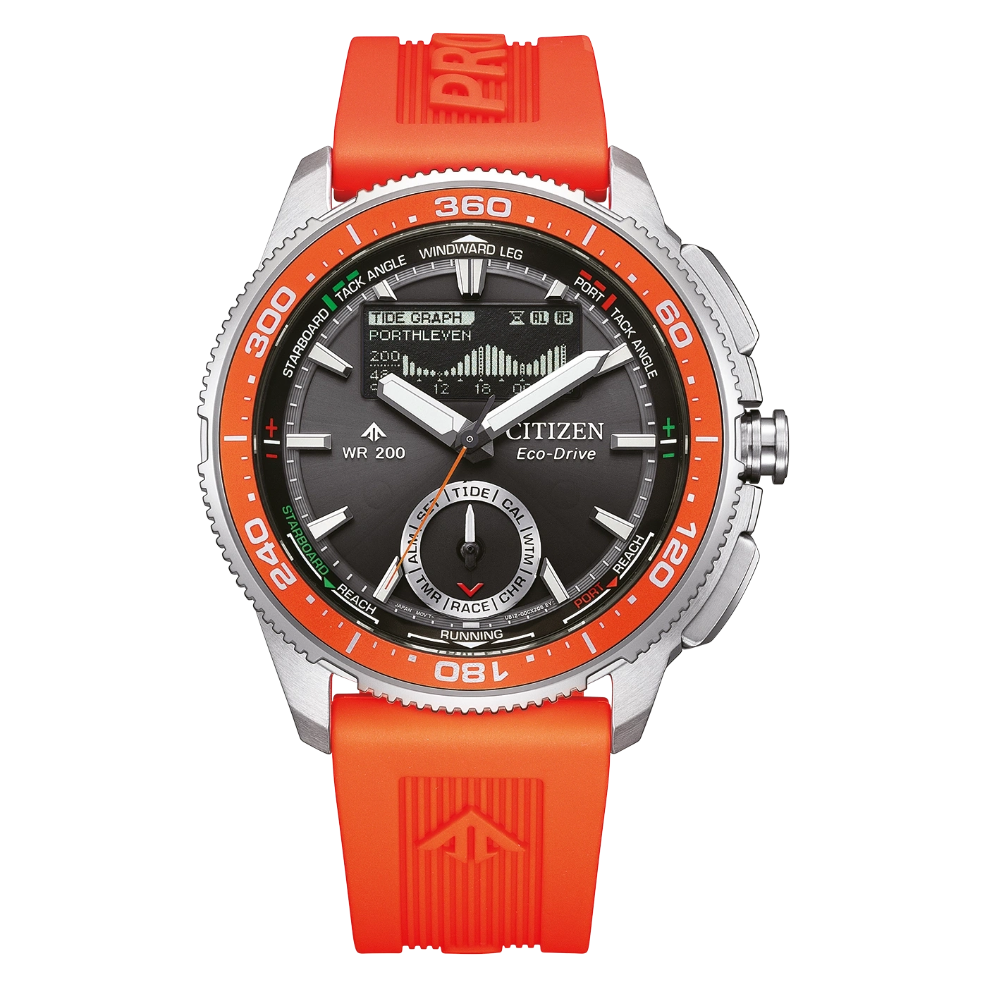 A citizen eco-drive watch with an orange strap and bezel.