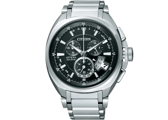Citizen Attesa Eco-Drive watch with a black dial and silver bracelet.