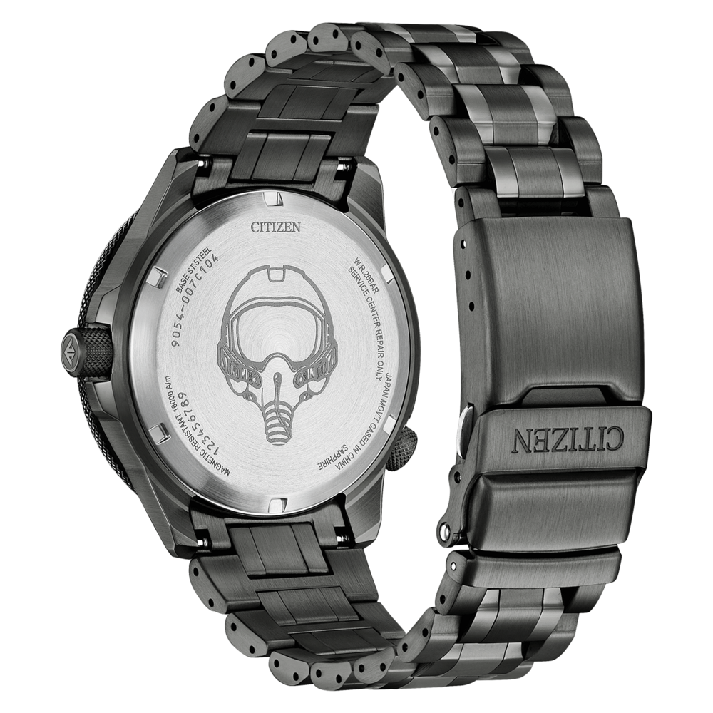 Citizen watch back, black steel, pilot helmet engraving, details visible.