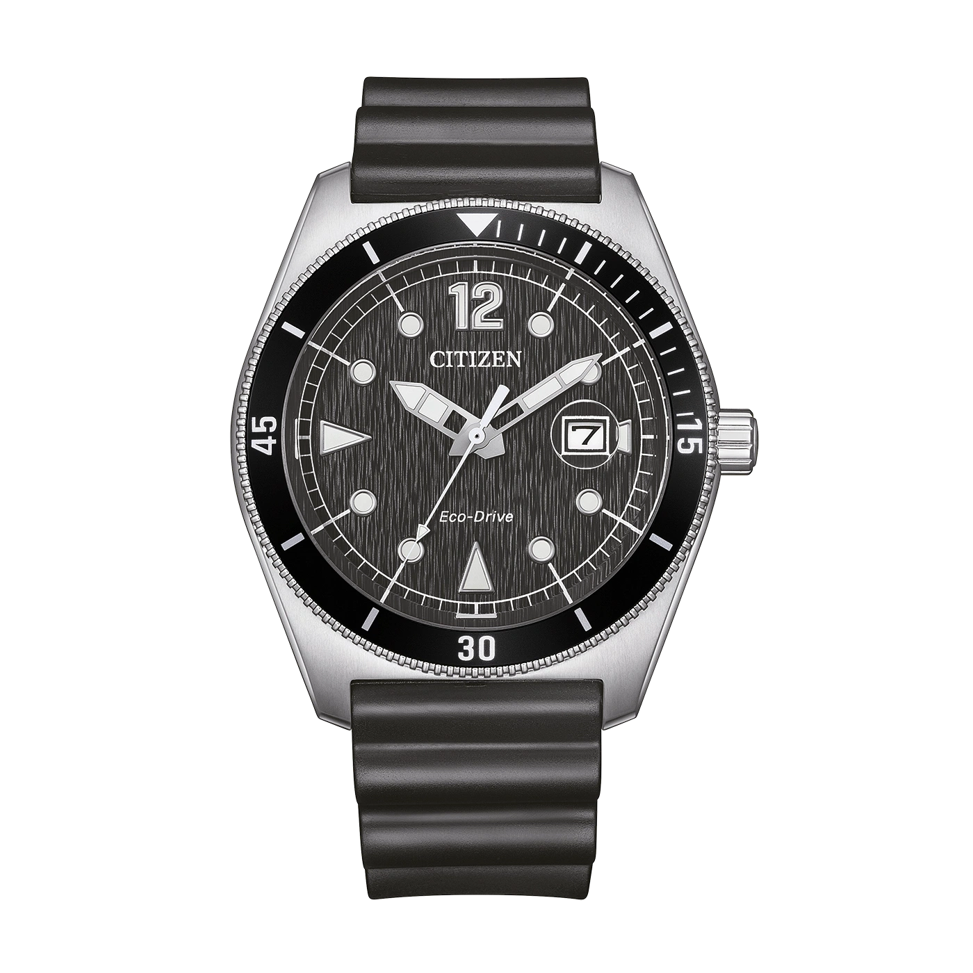 A Citizen Eco-Drive watch with a black dial and rubber strap.
