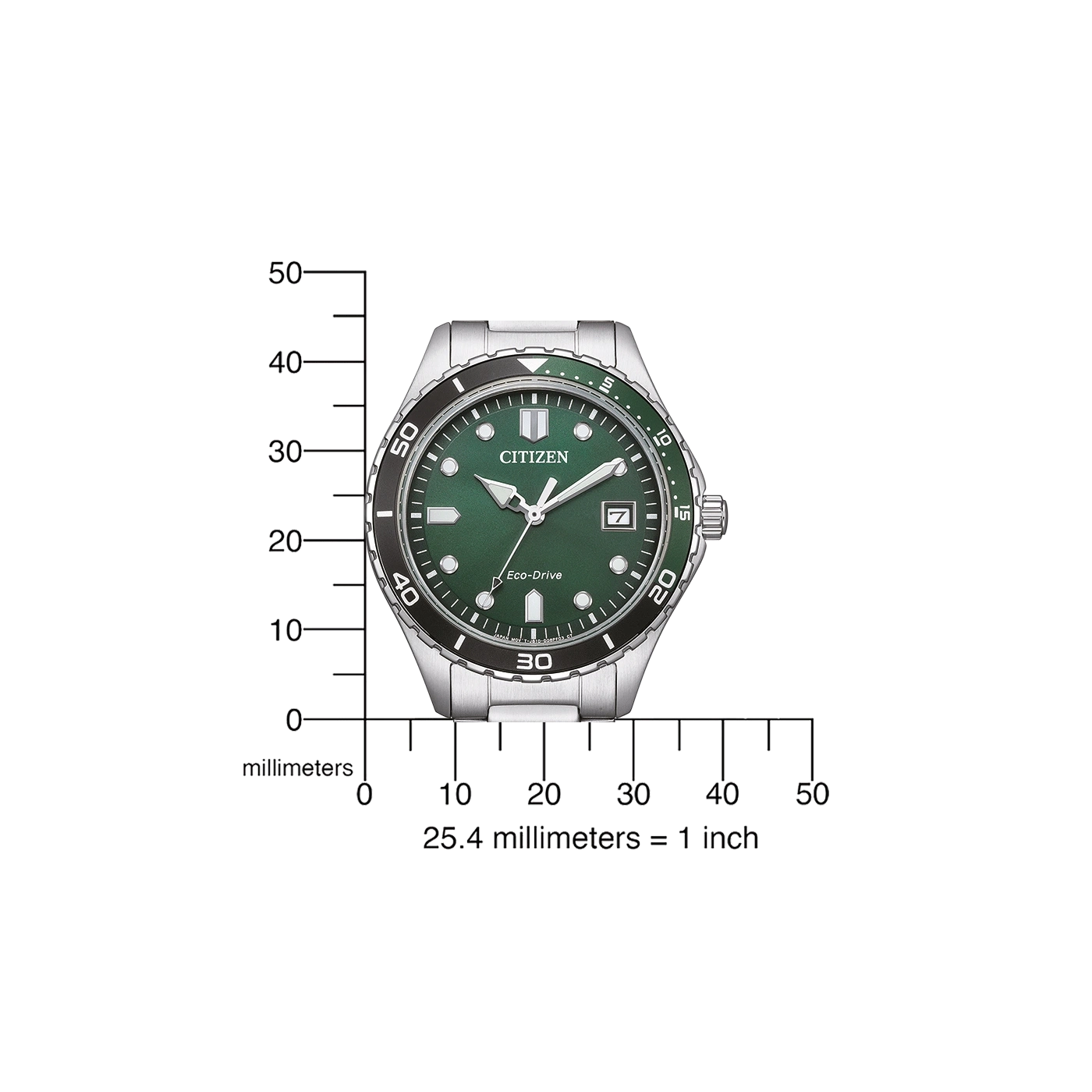 Citizen watch with green face, black bezel, and silver band, showing measurements.