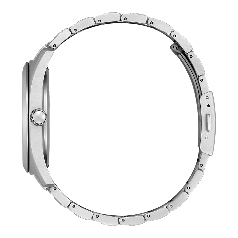 Silver watch with a circular band, side view, elegant design, stainless steel