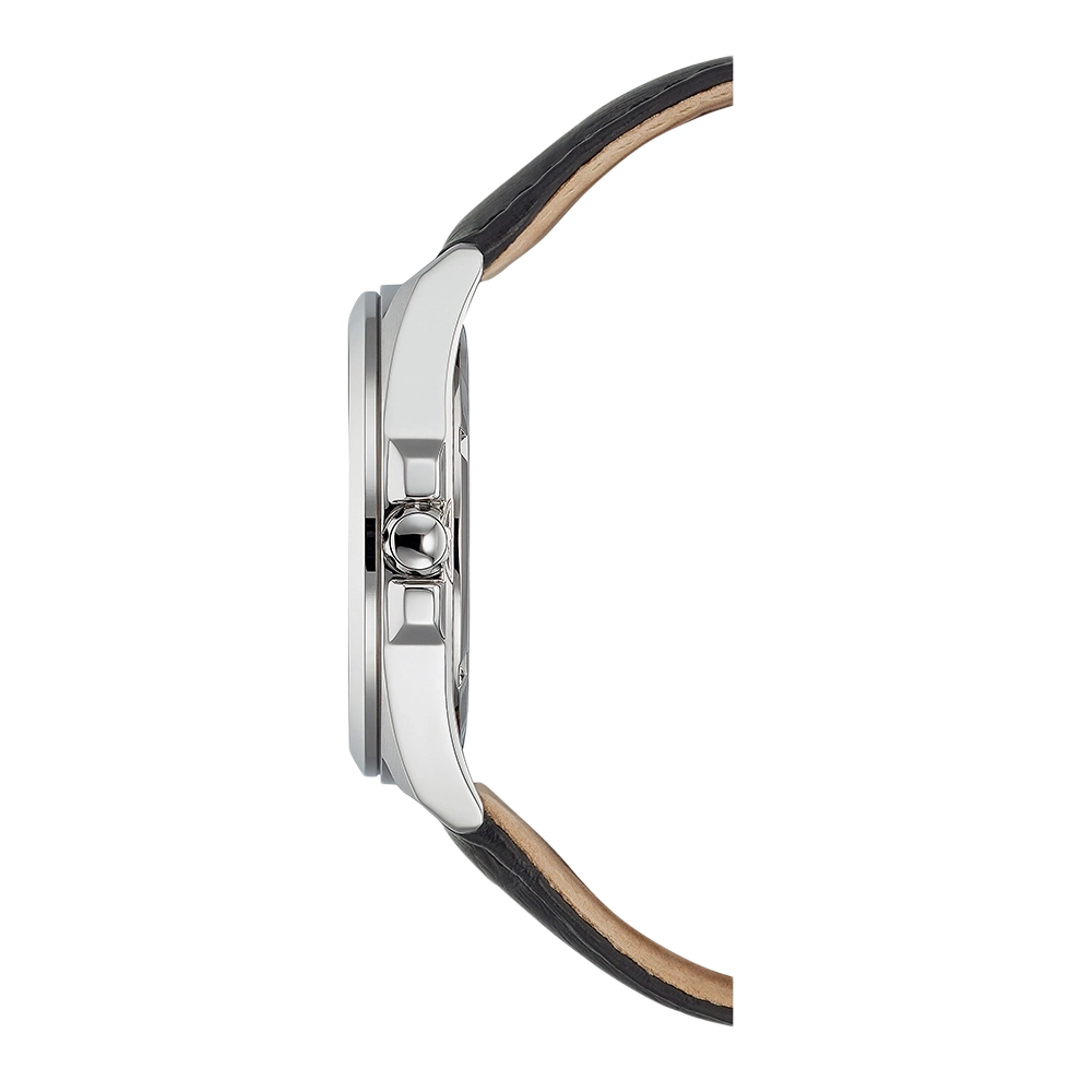 Side view of a silver watch with a black leather strap