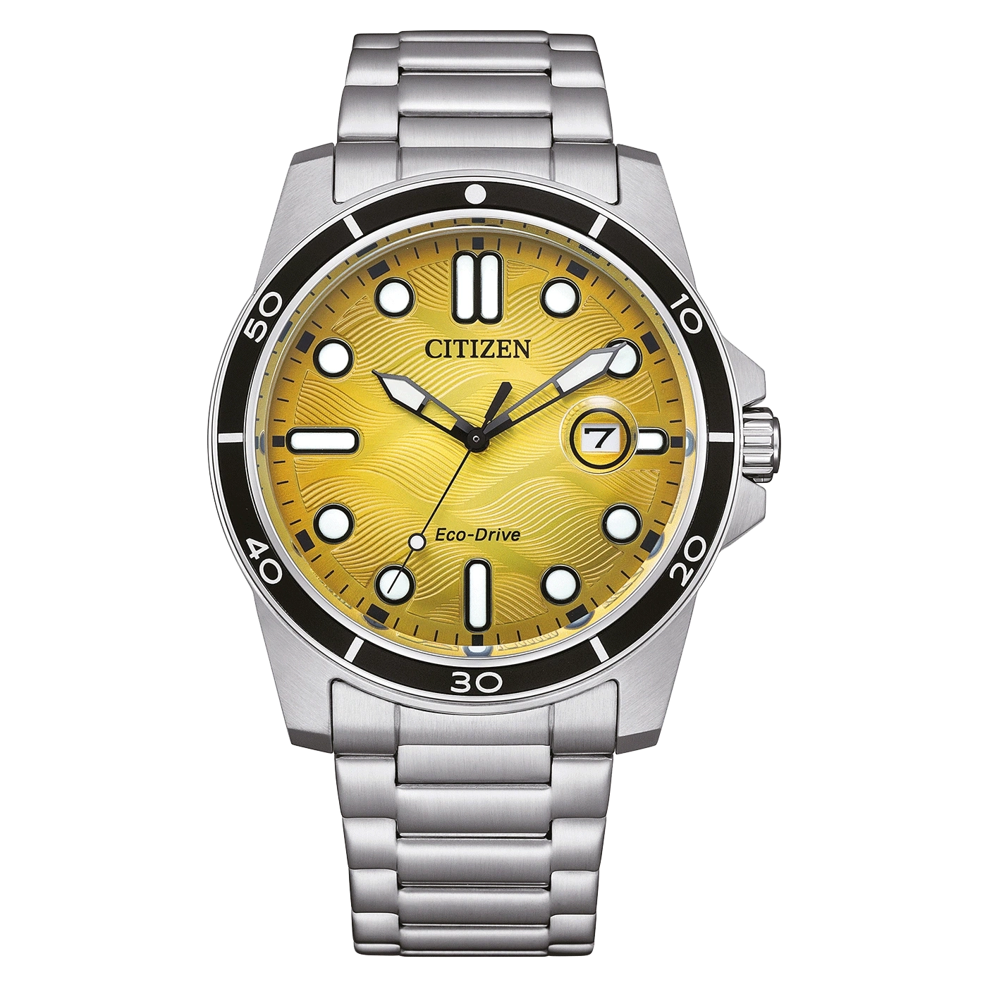 Citizen watch with a gold face and silver band, Eco-Drive technology.