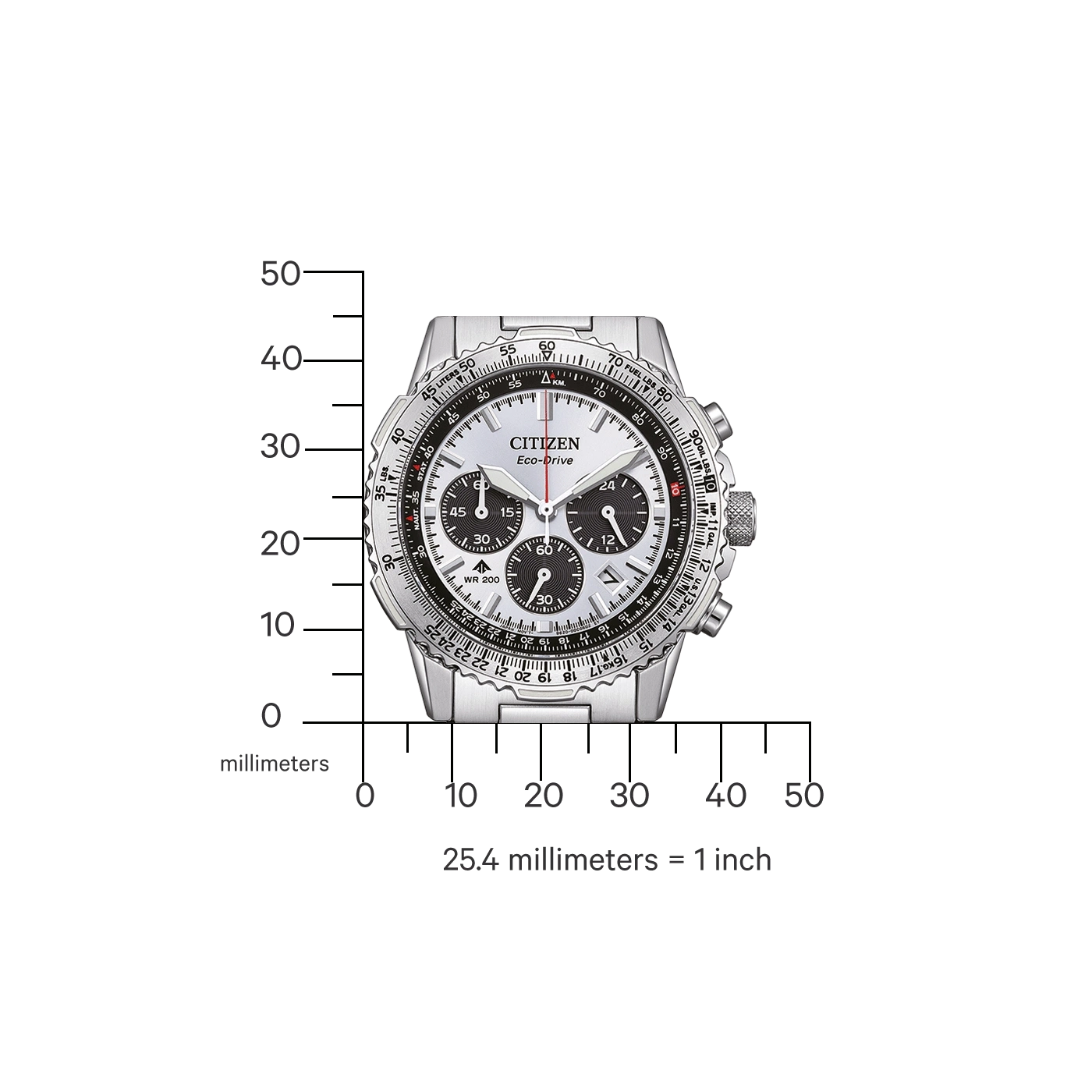 Citizen watch with scale, Eco-Drive, silver, black details, and measurement markings.