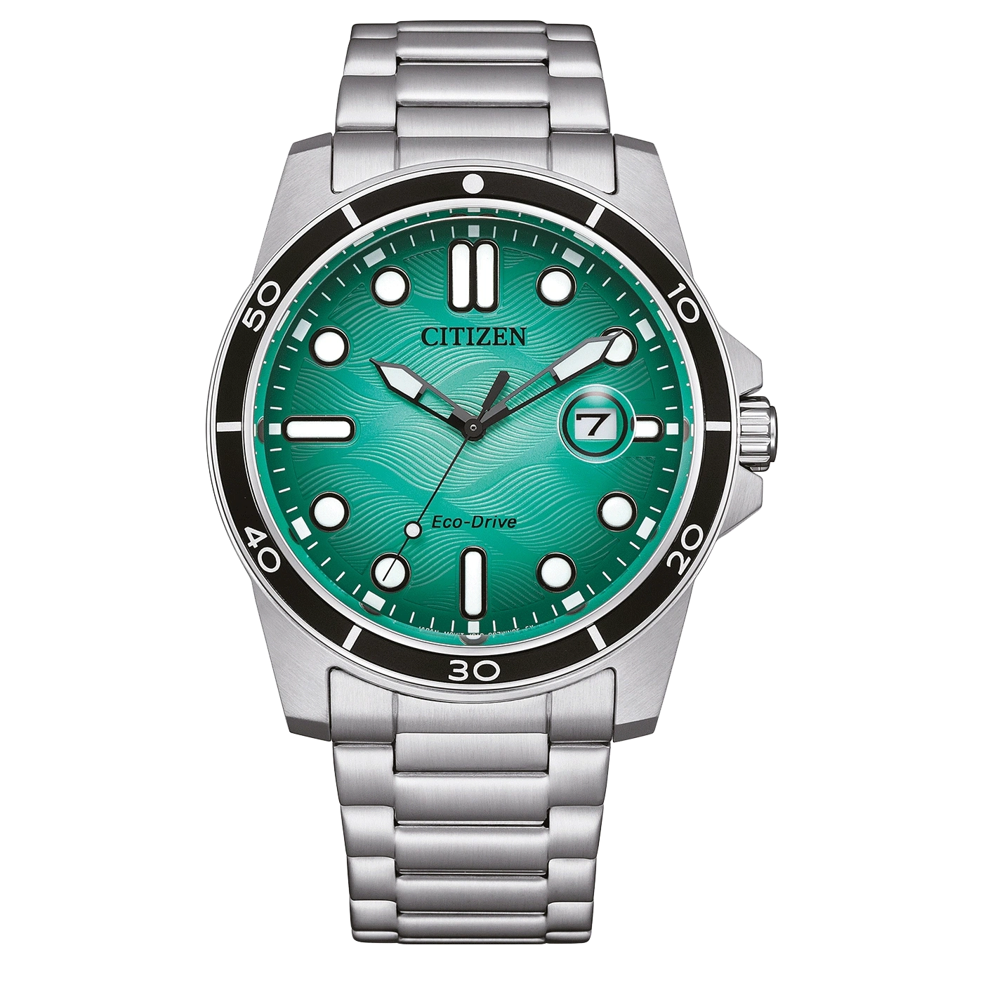 Citizen watch with green dial and silver bracelet, Eco-Drive technology.