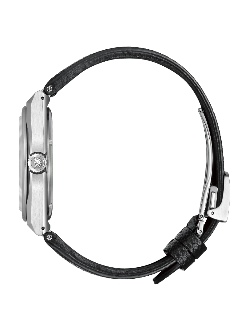 Side view of a silver watch with a black leather strap on a green background.