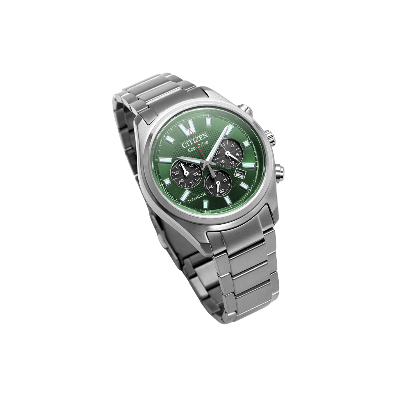 A silver Citizen Eco-Drive watch with a green dial and metal band.