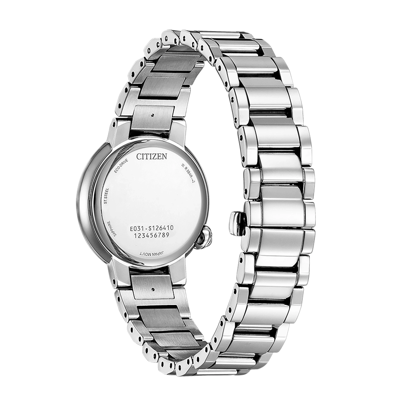 Citizen watch back with details: Eco-Drive, Sapphire, Stainless Steel, Japan Movt.