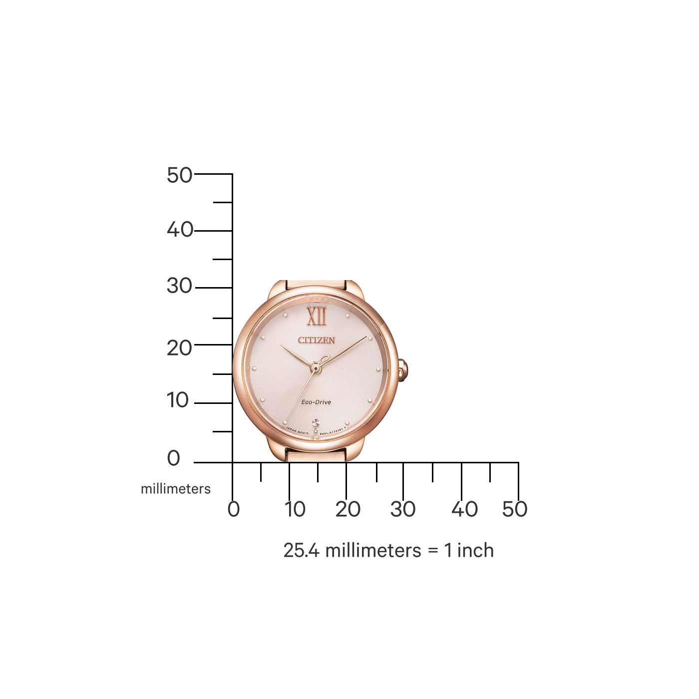 Rose gold Citizen watch with a pink face, measuring scale in millimeters.