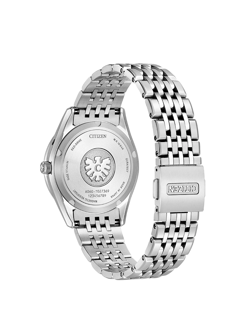 Citizen watch back with details: Eco-Drive, titanium, and Japanese made.