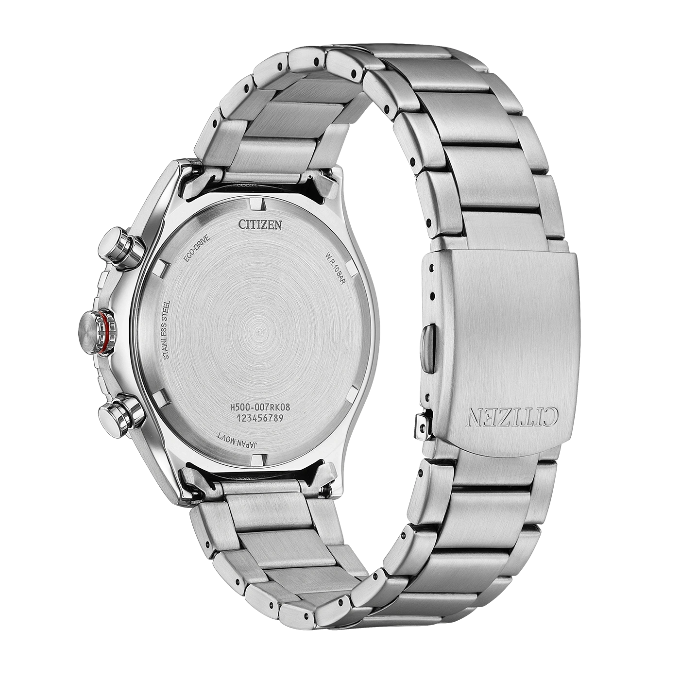Back view of a silver Citizen Eco-Drive watch with a metal band.