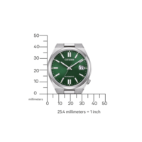 Citizen watch with green face, automatic, and date display, with a scale in millimeters.