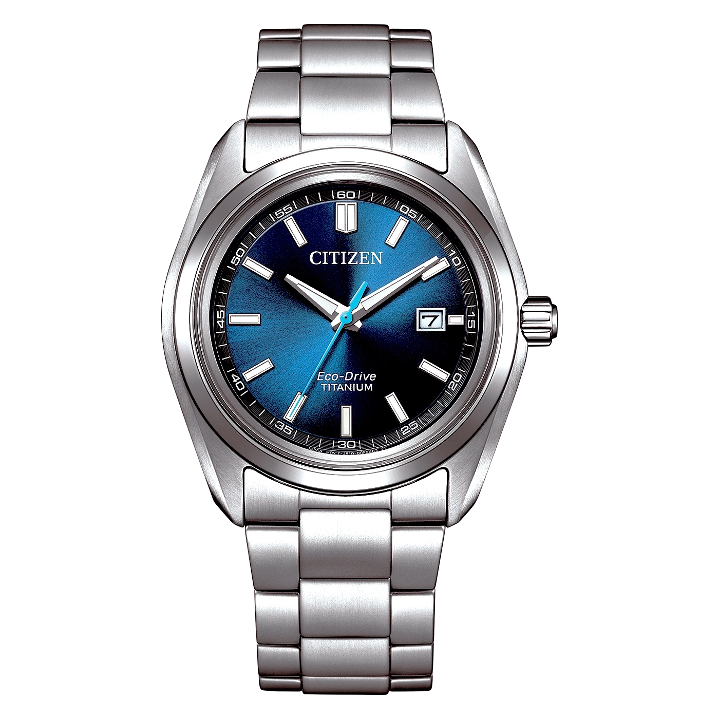 A Citizen Eco-Drive Titanium watch with a blue dial.