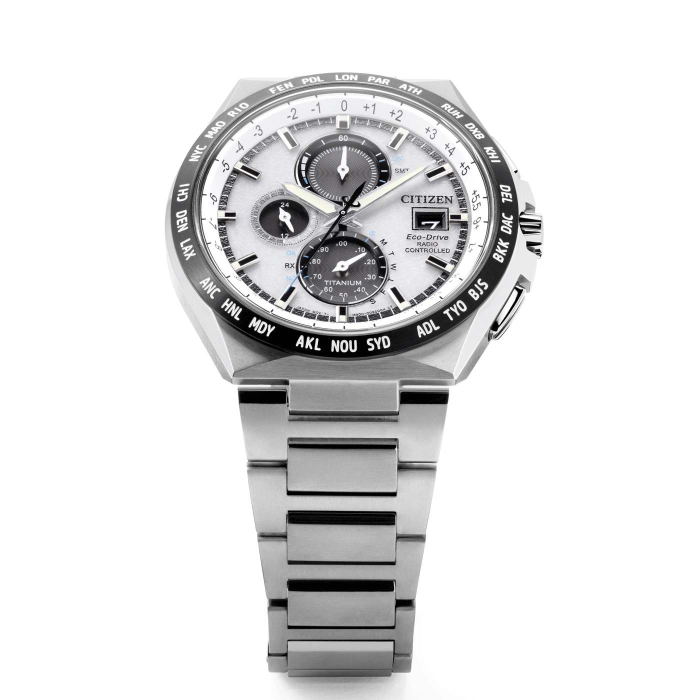 Citizen watch with titanium band, Eco-Drive, radio controlled, world time.