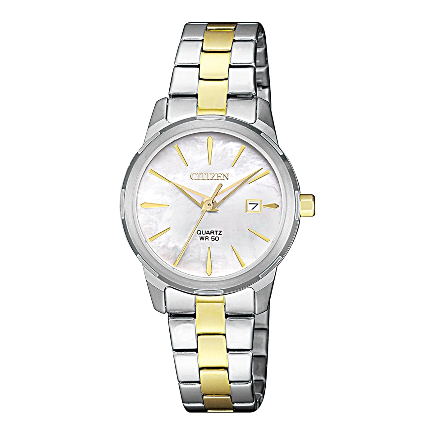 Citizen watch with a white face and gold accents on the band.
