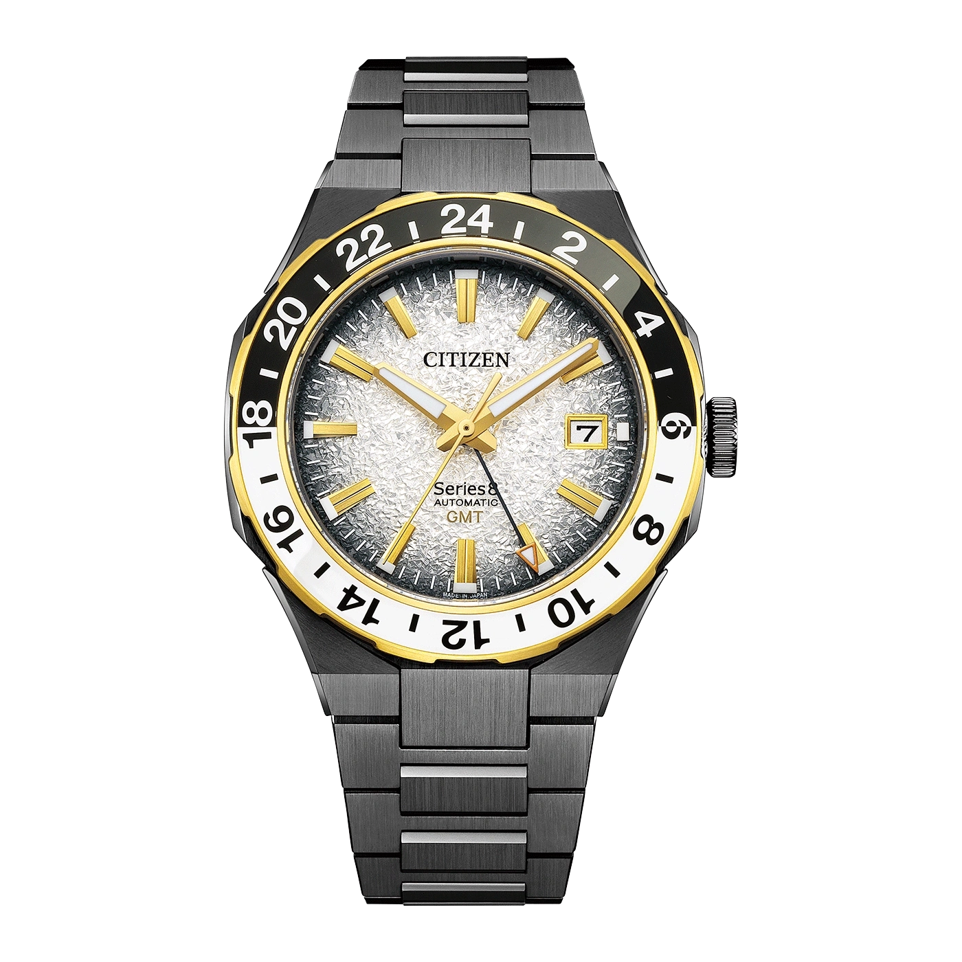 Citizen Series 8 GMT watch with black and gold accents, white face.