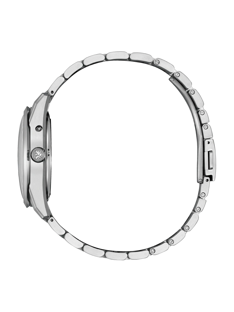 Side view of a silver wristwatch with a metal band on a black background.