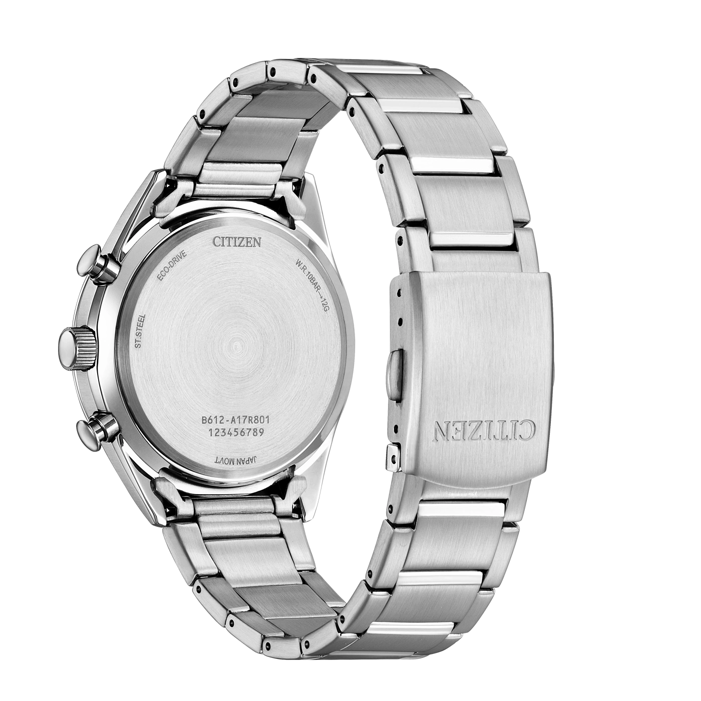 Citizen watch, stainless steel, Eco-Drive, water resistant, Japanese movement.