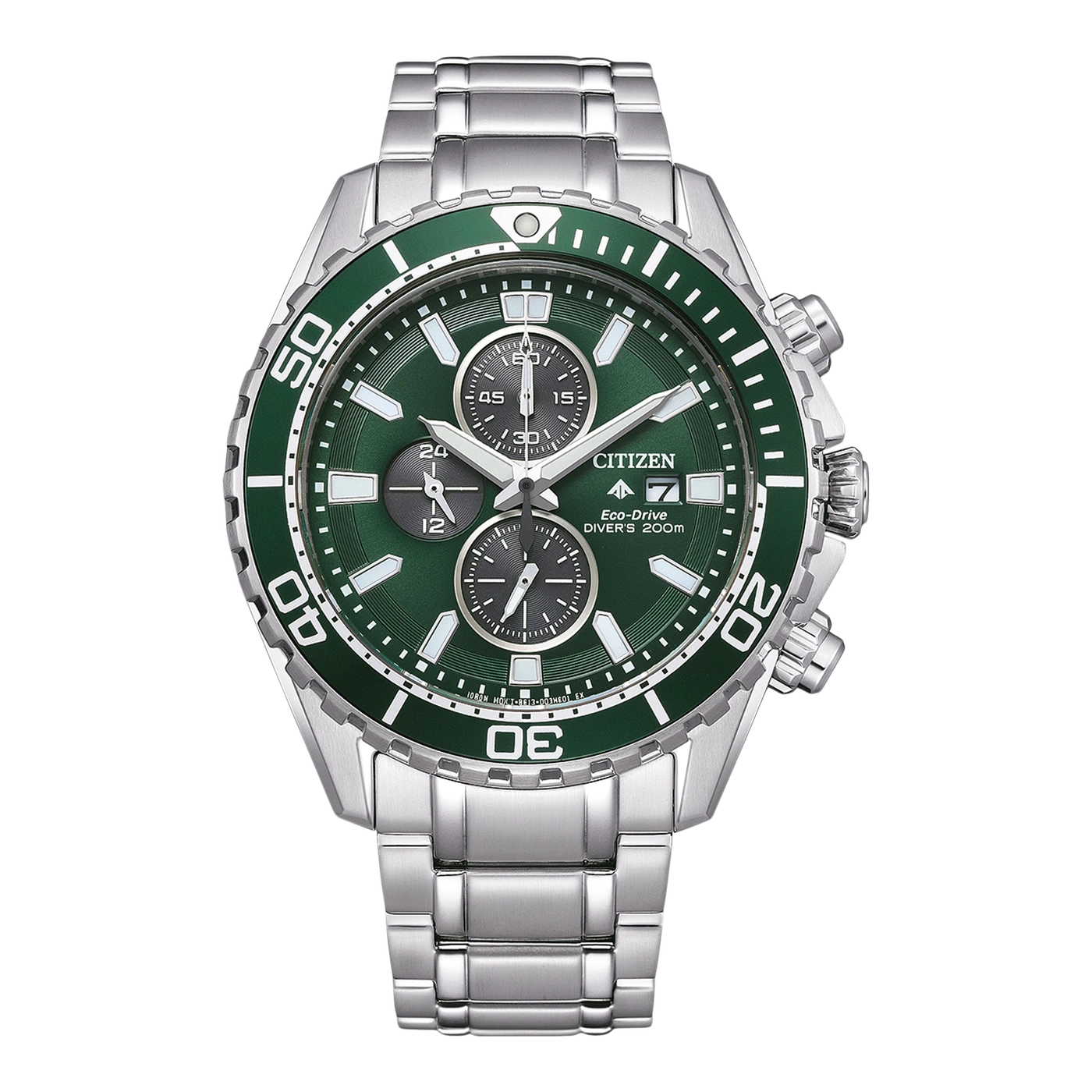 Citizen Eco-Drive Diver's watch with green dial and silver bracelet, chronograph.