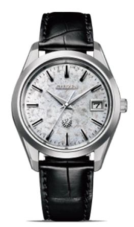 Citizen watch with a textured face and black leather strap, elegant design.