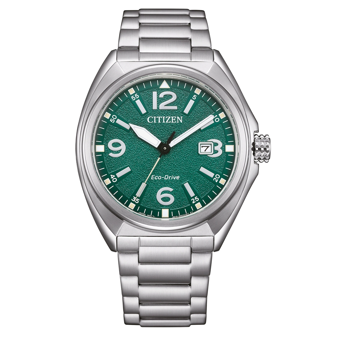 Citizen watch with green dial, silver bracelet, and Eco-Drive technology.