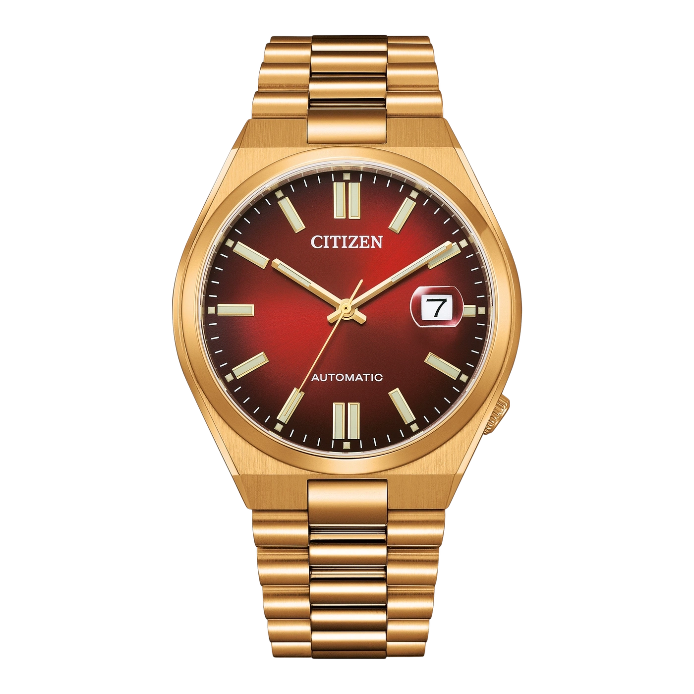 Gold Citizen watch with red dial and date display, automatic movement.
