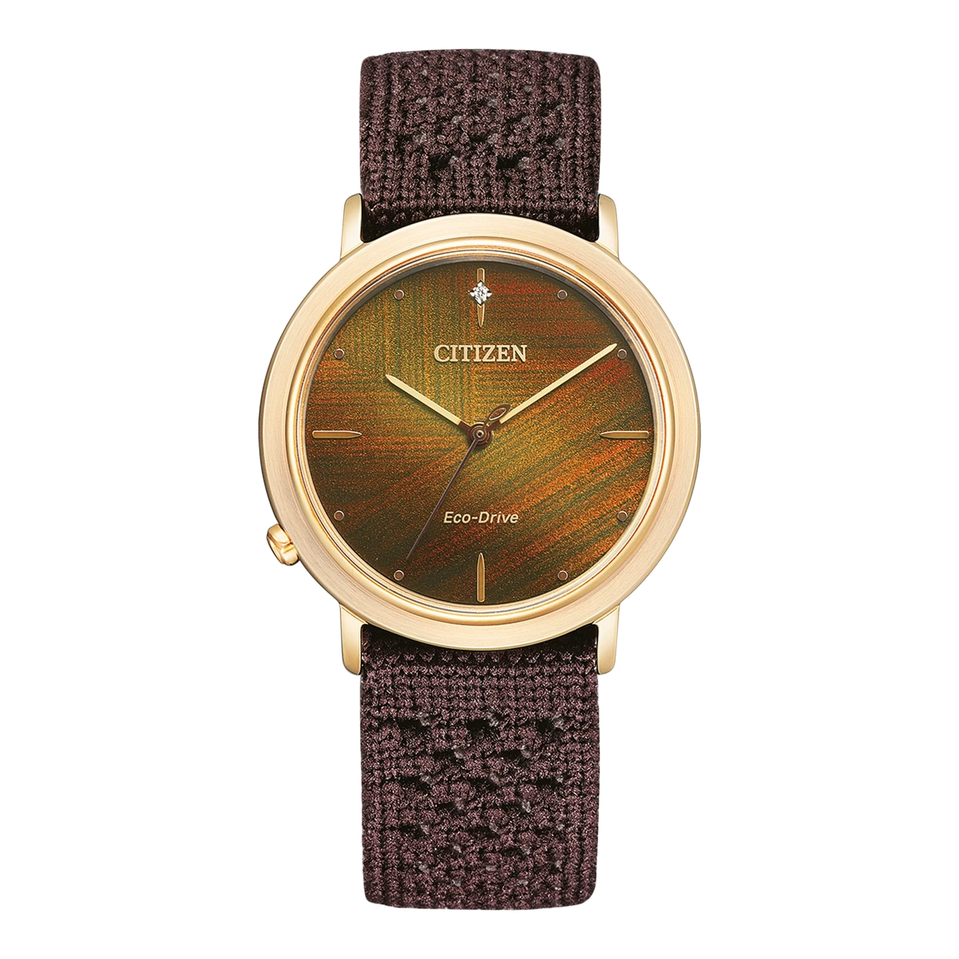 Citizen watch with gold case, brown strap and colorful dial.
