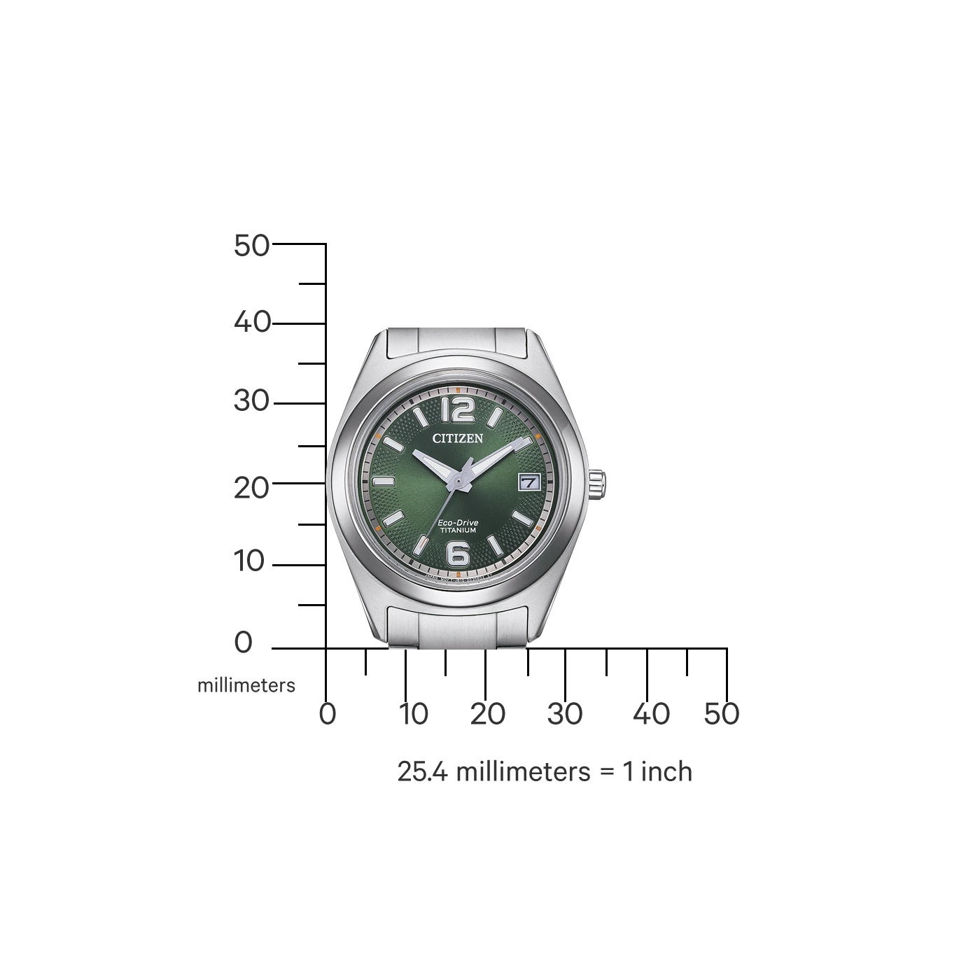 Citizen watch with green face and titanium band, with a scale in millimeters.