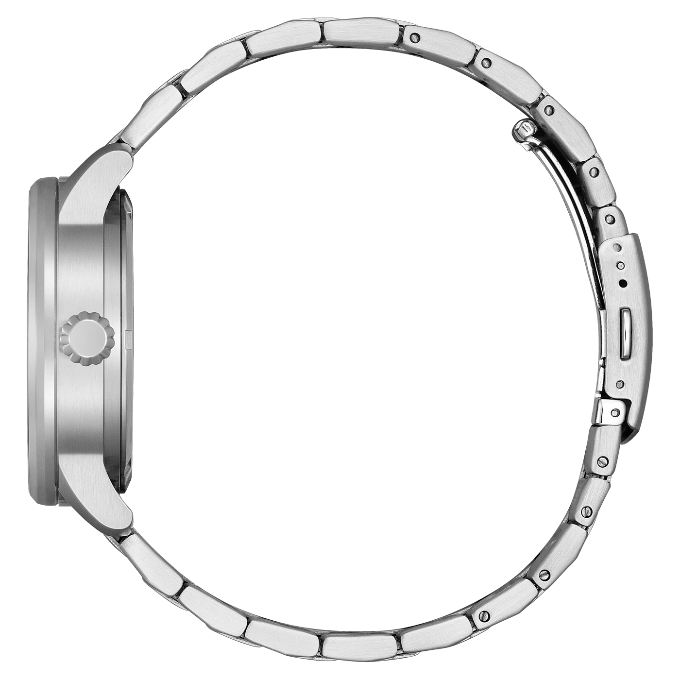 Silver watch with a metal strap, side view, isolated on white background.