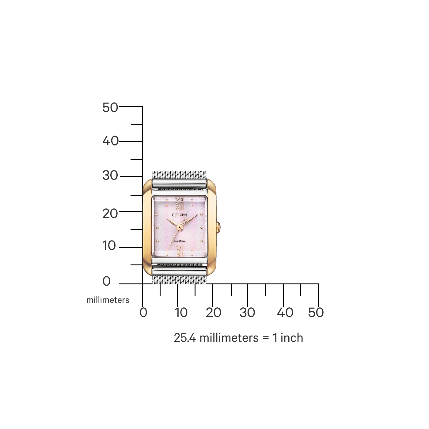 Citizen watch with pink face and gold frame, with a millimeter scale.