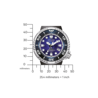 Citizen Eco-Drive watch with blue face, black bezel, and measurement scale.