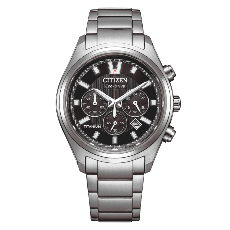 A titanium Citizen Eco-Drive chronograph watch with a black dial.
