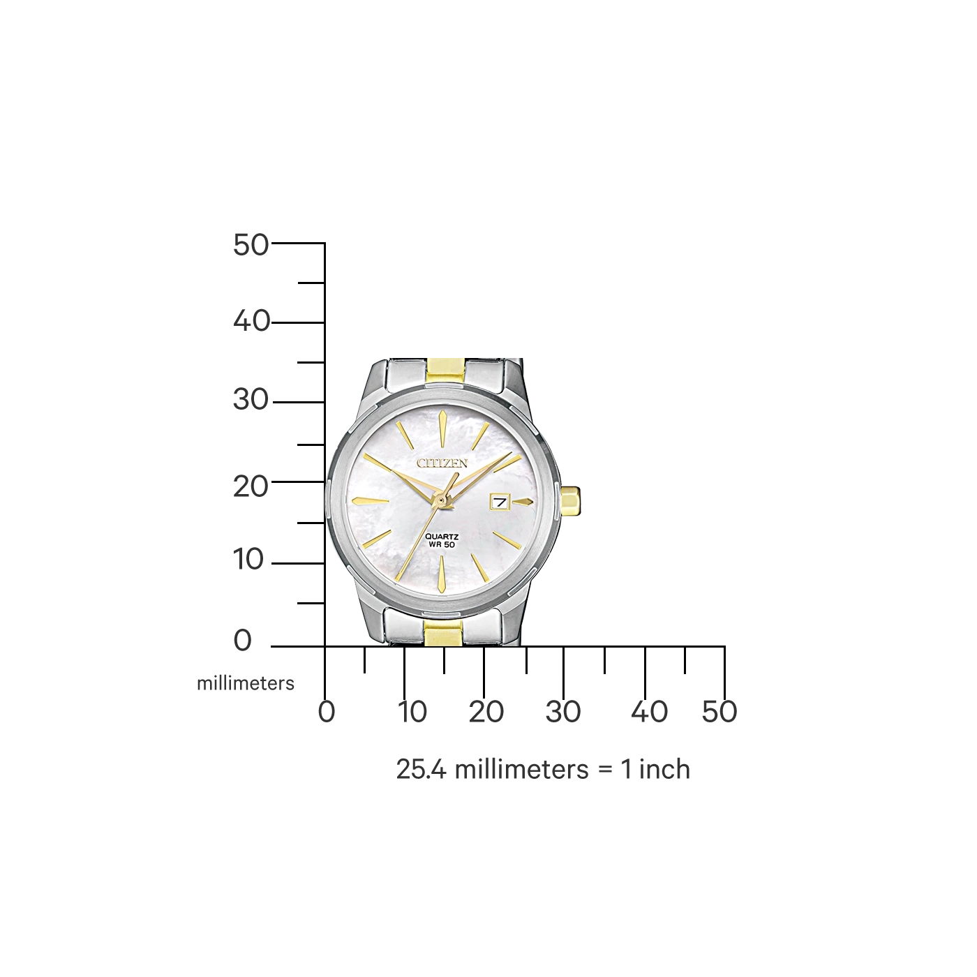 Citizen watch with gold accents, quartz movement, and date display, with a millimeter scale.