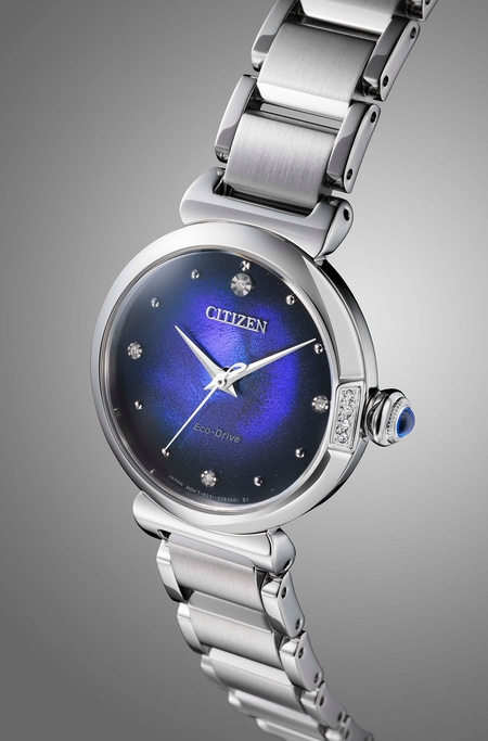 Citizen Eco-Drive watch with a blue face and silver band, elegant design.