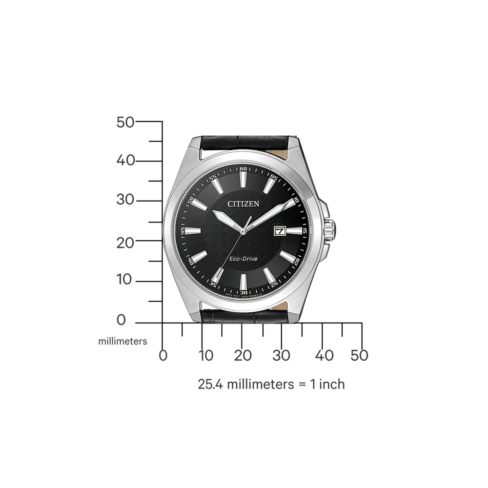 Citizen watch with black face, silver case, and black leather strap. Eco-Drive.