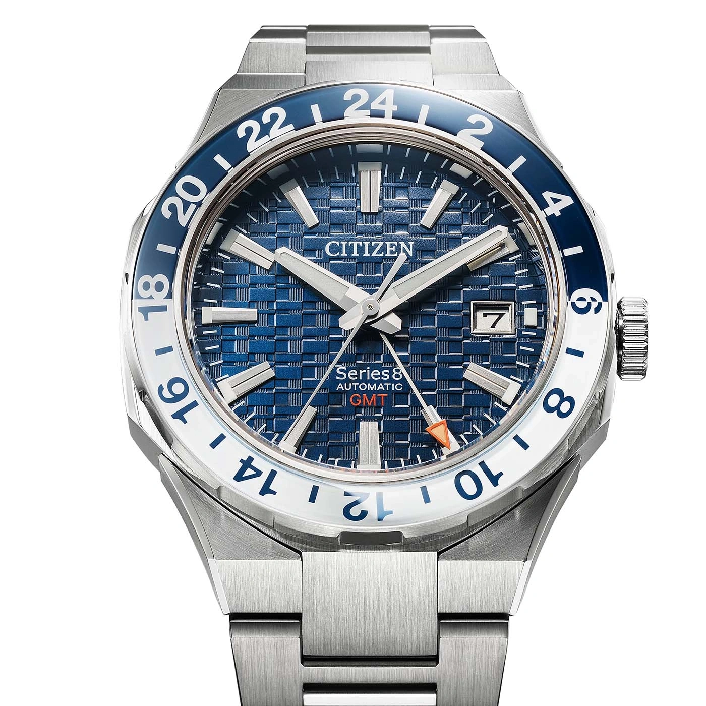 Citizen Series 8 GMT automatic watch with blue dial and steel bracelet