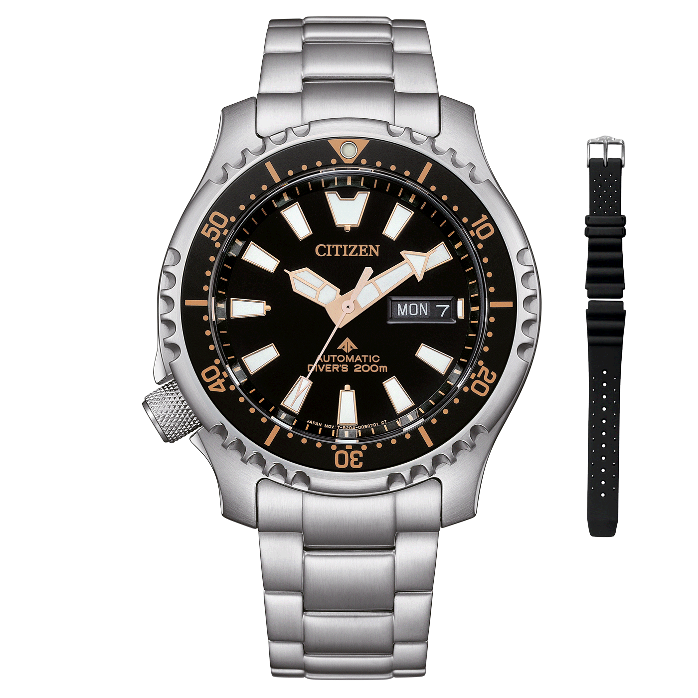 Citizen watch with black face, silver band, and black rubber strap.