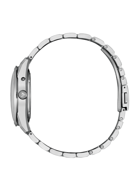 Silberne Uhr Seitenansicht, Metallarmband, rundes Zifferblatt, elegantes Design, Zeitmesser