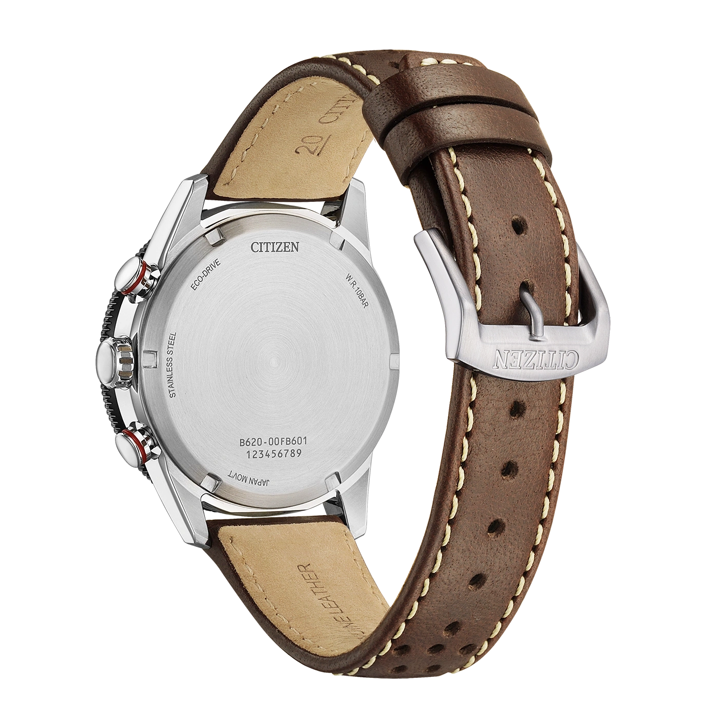 Back of a brown leather Citizen Eco-Drive watch