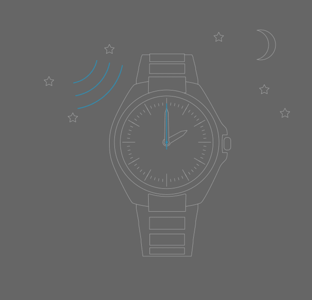 Watch showing night time with stars and moon, and sound waves.