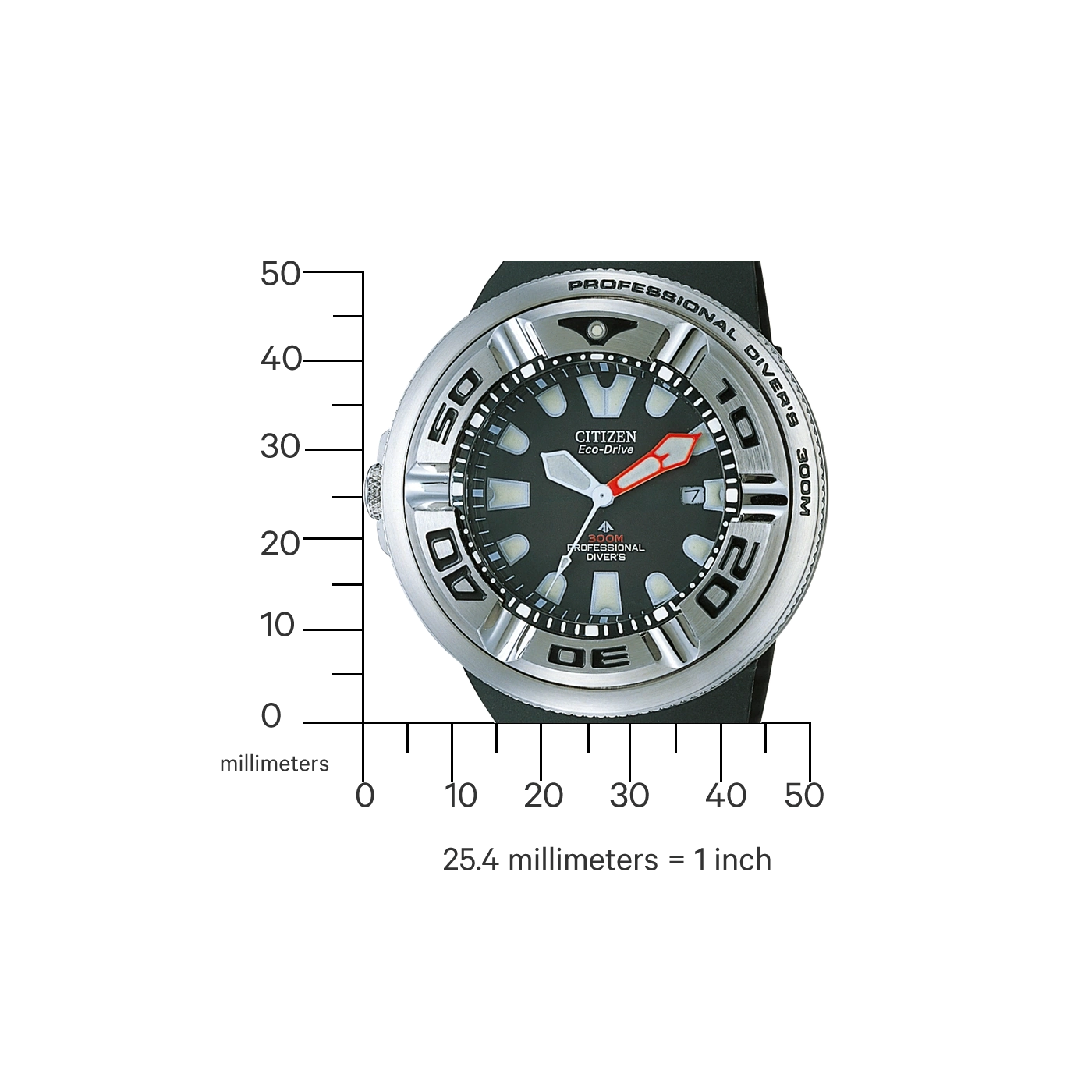 Citizen Eco-Drive watch with black dial and silver bezel, 300M water resistance.