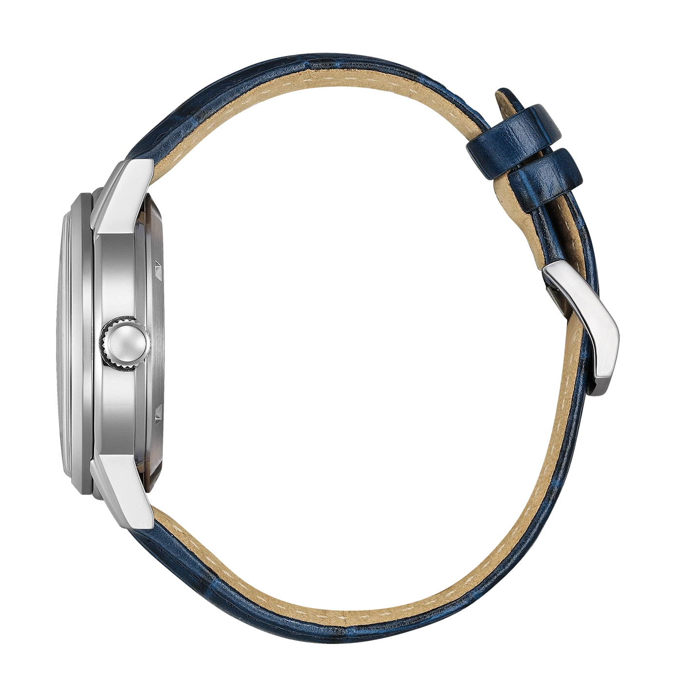 Side view of a silver watch with a blue leather strap.