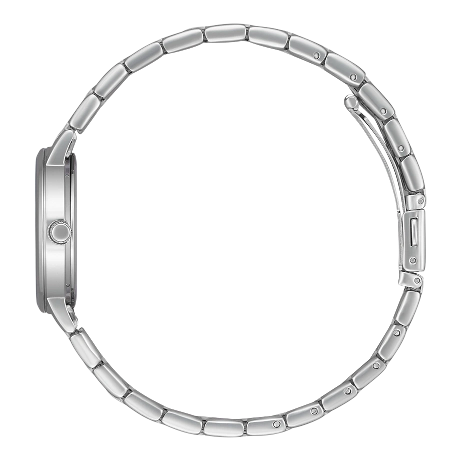 Silver watch with a metallic strap, side view, elegant design, round dial.