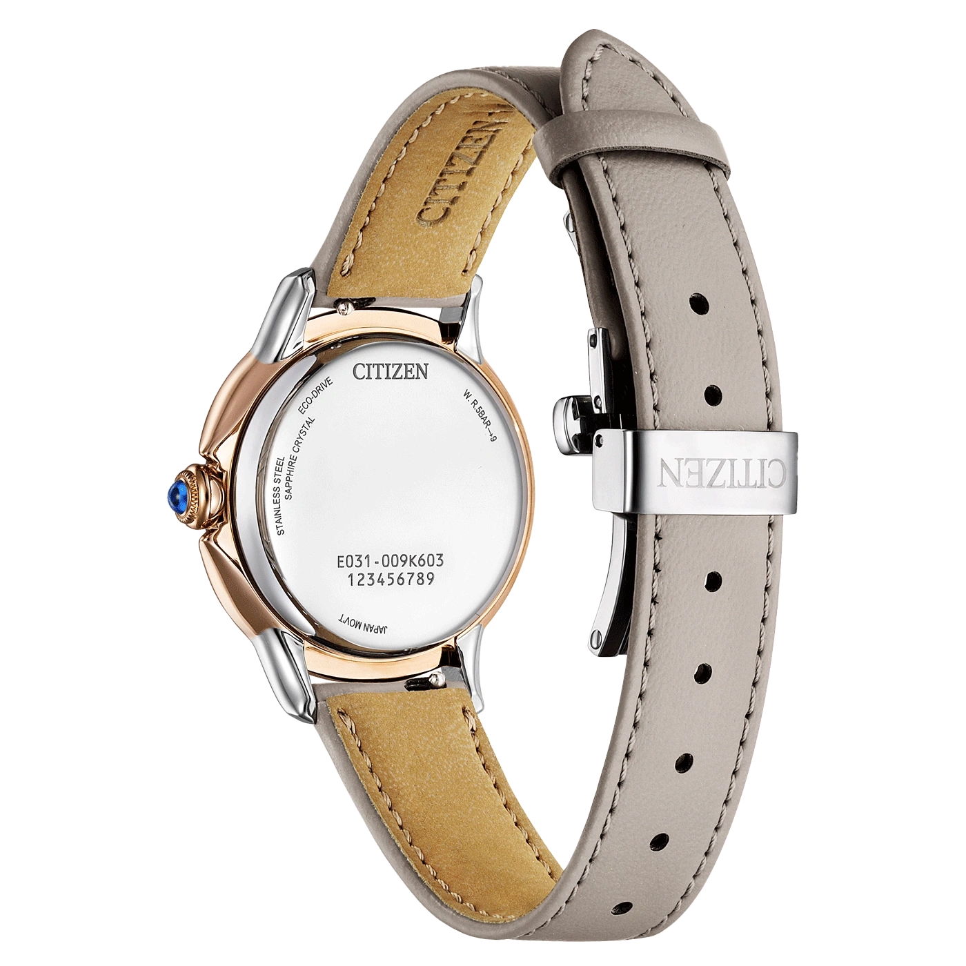 Citizen watch back, stainless steel, sapphire crystal, leather strap, Eco-Drive, Japan Movt.